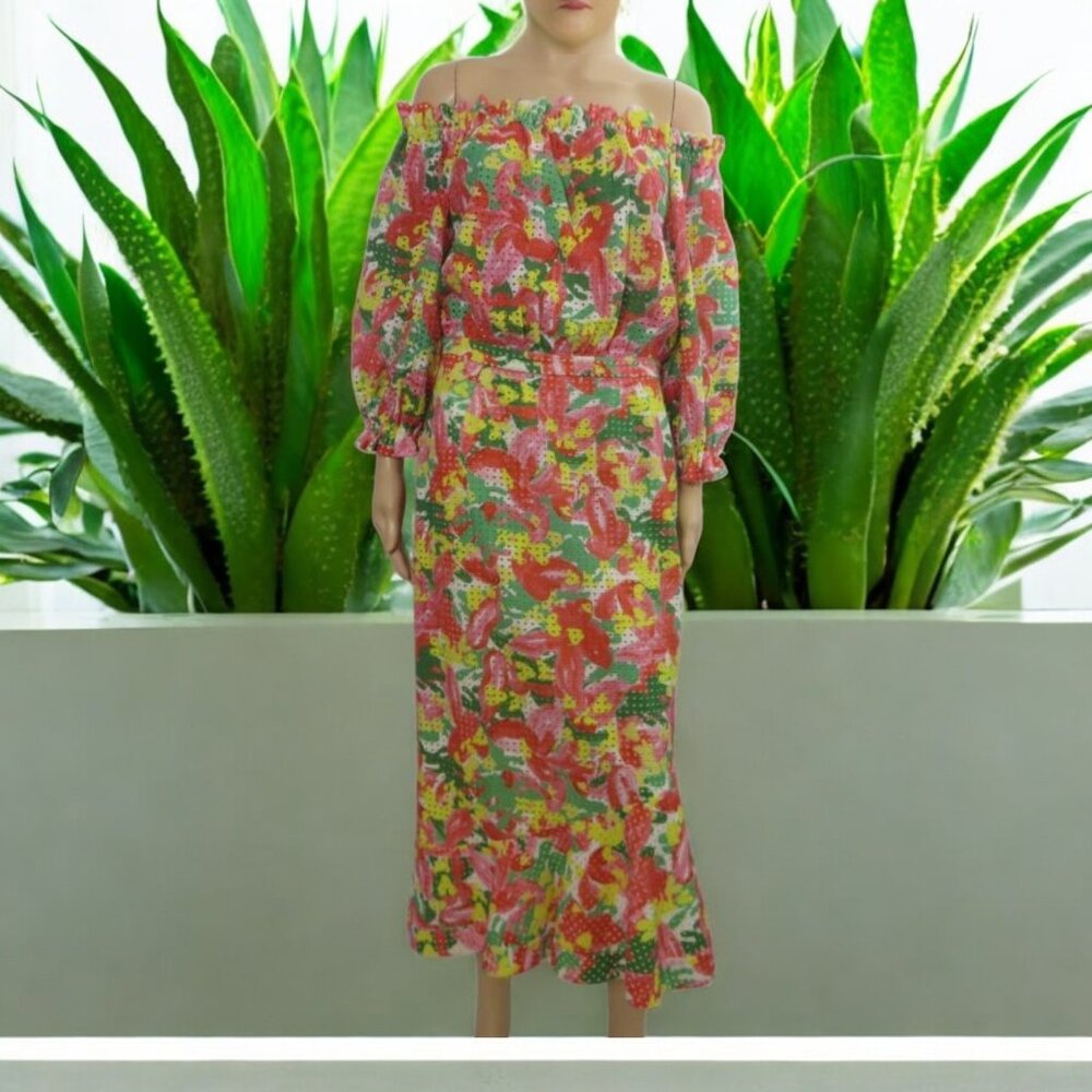 Saloni Off Shoulder Open Back Midi Dress Sz 6 Eyelet Embroidered Floral Boho